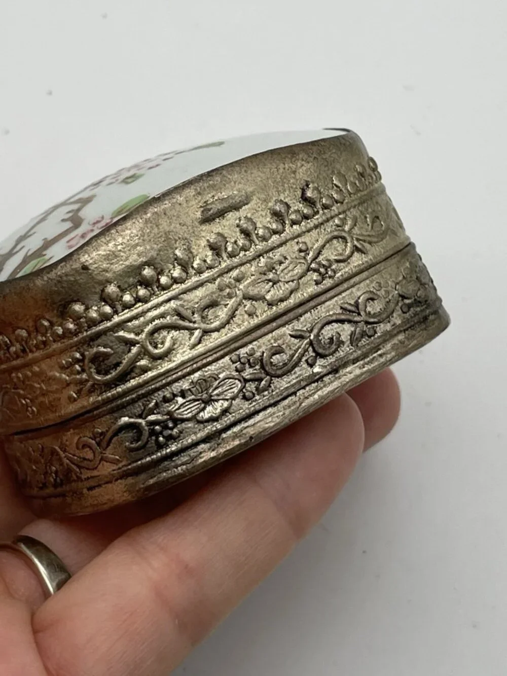 Vintage Chinese Porcelain Shard Trinket Box Tree Branch Floral Print